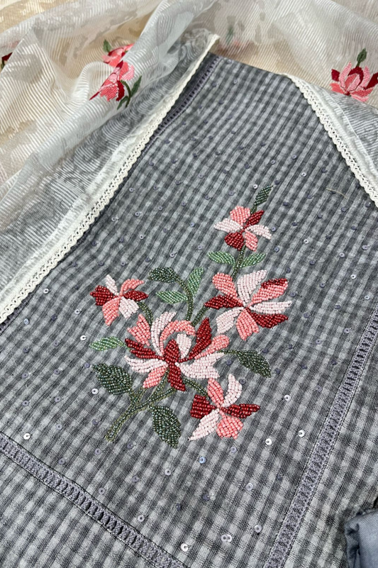 GREY LINEN UNSTITCHED SUIT WITH MULTICOLOR BEADWORK