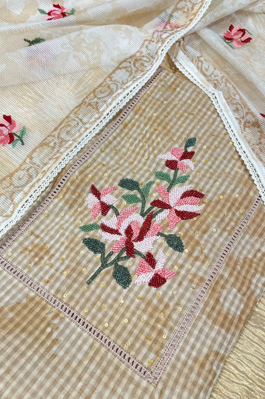 BEIGE LINEN UNSTITCHED SUIT WITH MULTICOLOR BEADWORK