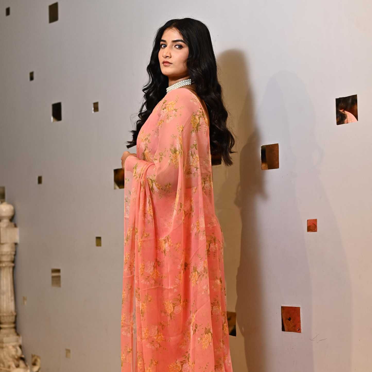 SOFT CORAL PEACH PRINTED (30 gram- PURE CHIFFON SAREE)