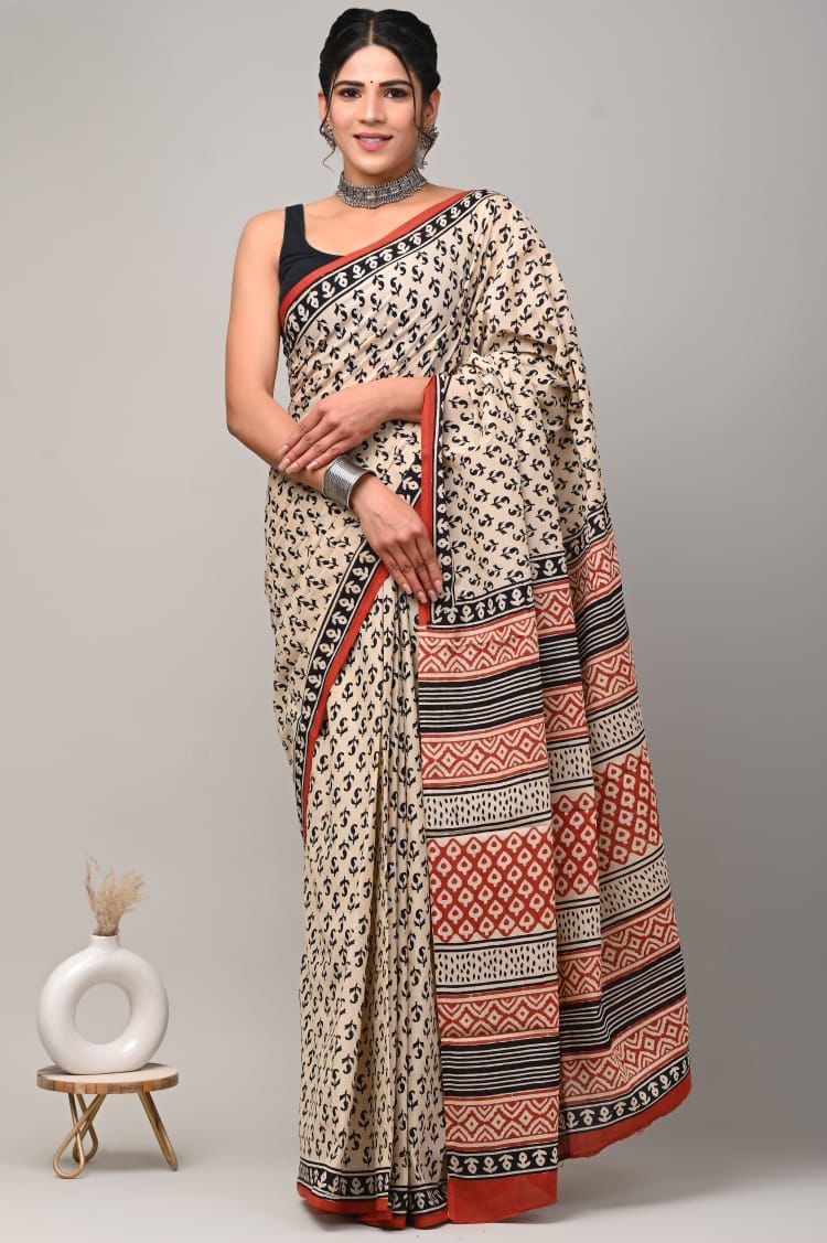 OFF WHITE COLOUR COTTON SANGANERI PRINTED SAREE