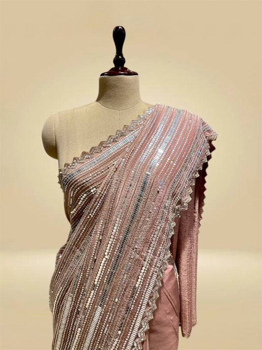DUSTY ROSE COLOUR TISSUE SEQUINS HAND EMBROIDERED SAREE