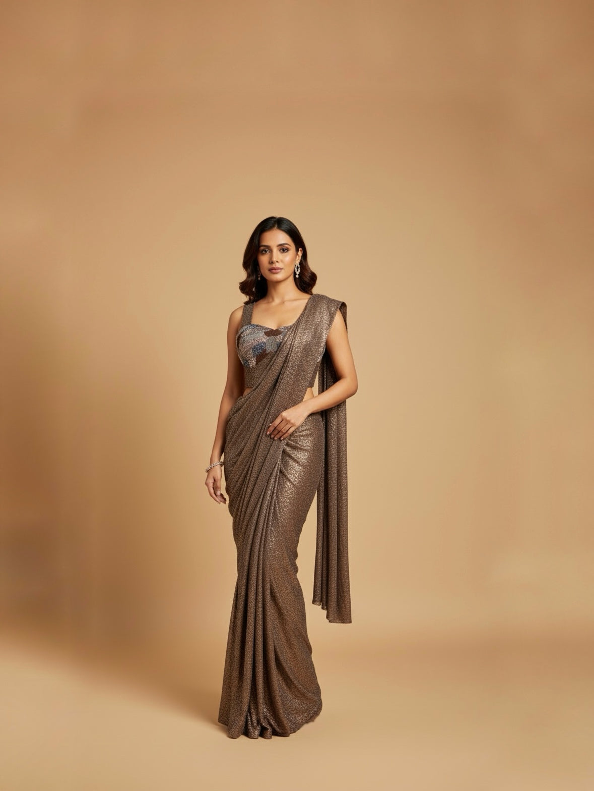 COFFEE BROWN SEQUIN SAREE WITH EMBROIDERED SEQUIN READYMADE BLOUSE
