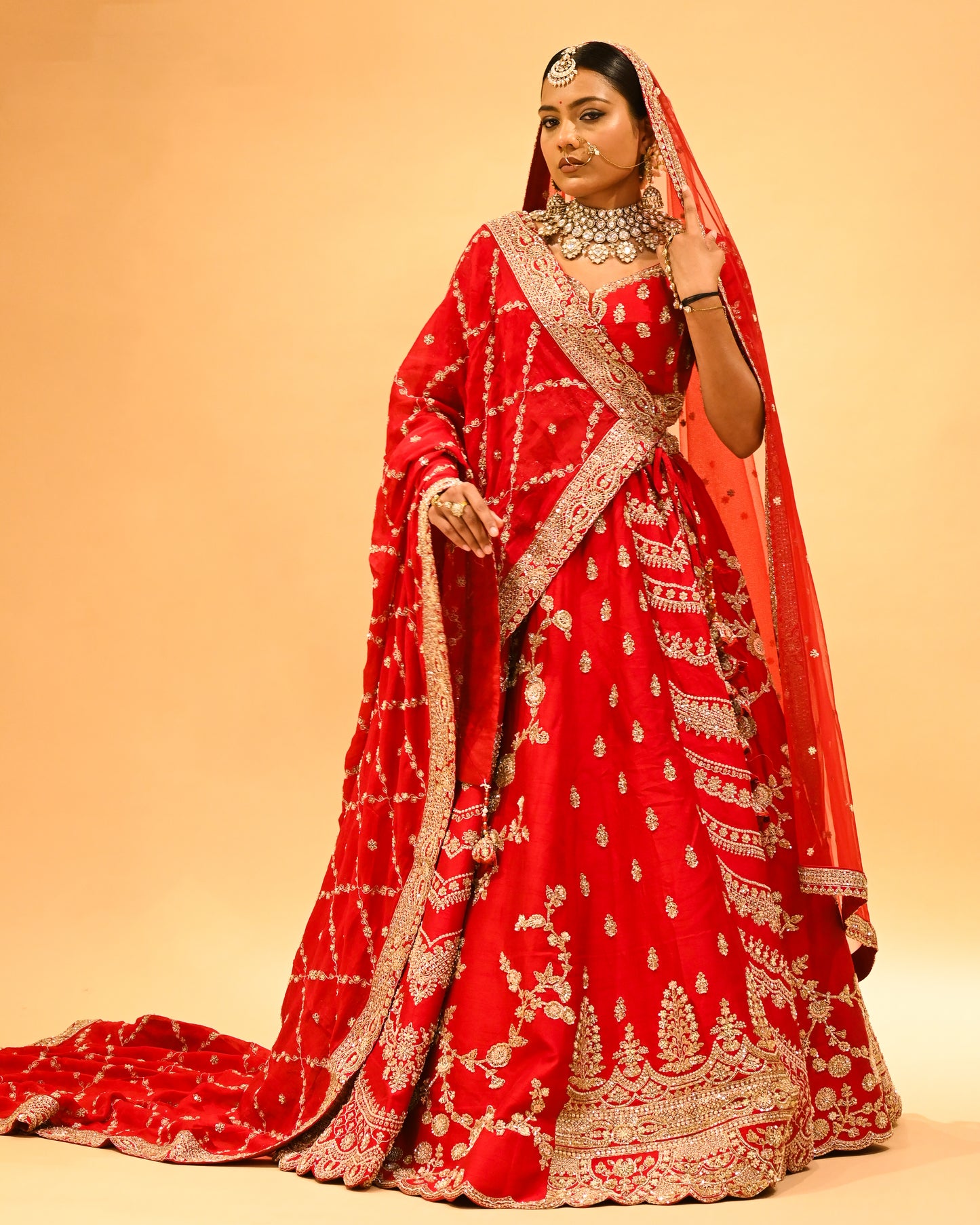 RED BRIDAL WEDDING LEHENGA WITH THREE-PANEL DESIGN, 6-METER FLAIR, DOUBLE DUPATTA, POTLI & EMBROIDERED TASSELS