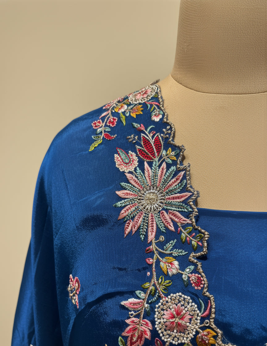 PETROL BLUE PLANT BASED SILK EMBROIDERED UNSTITCHED SUIT