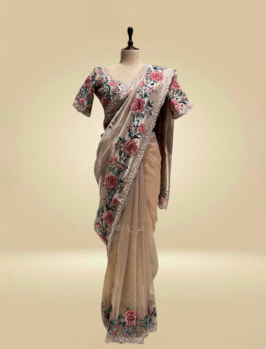 GOLDEN PURE TISSUE SEQUINS WORK HAND EMBROIDERED SAREE WITH READYMADE BLOUSE