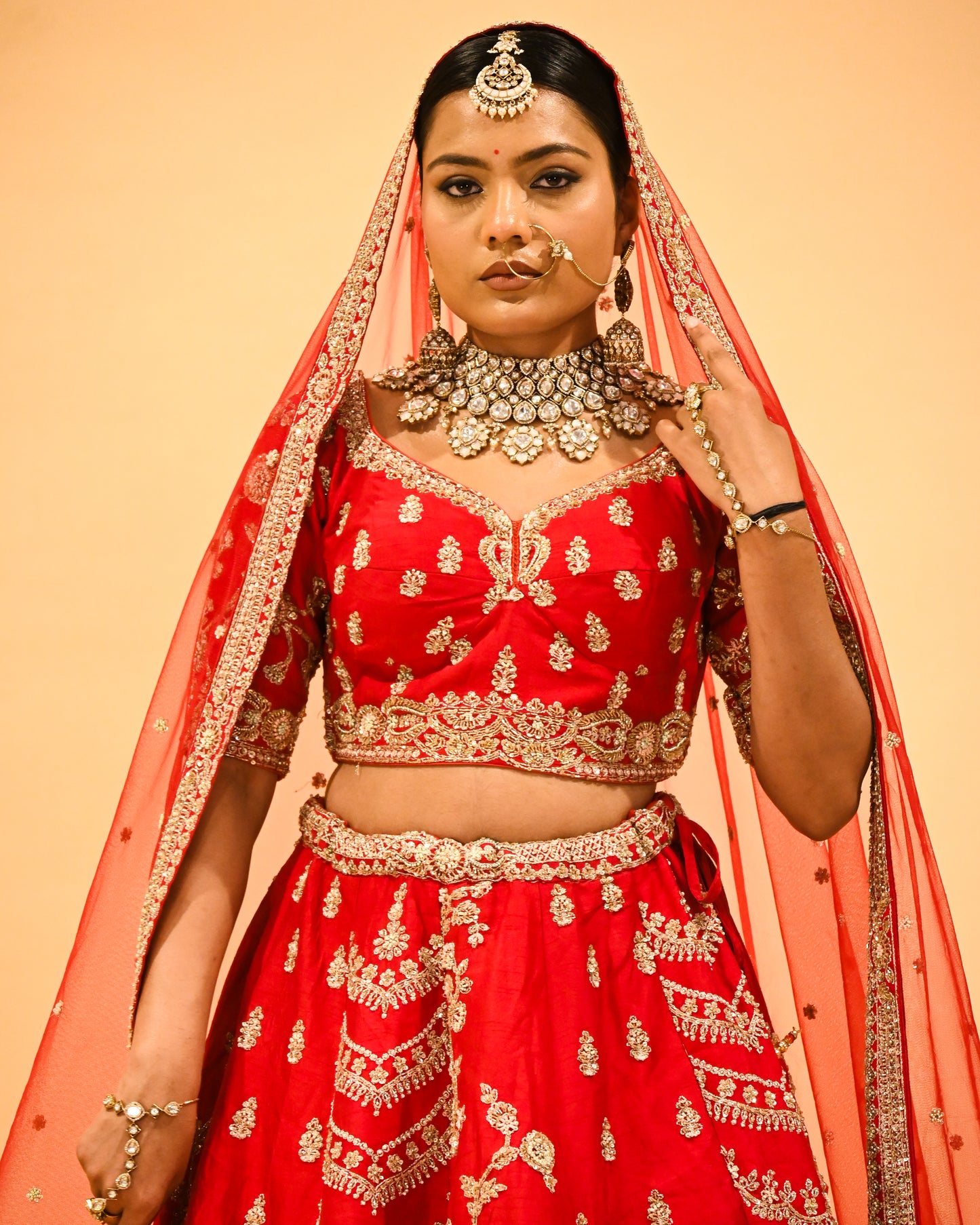 RED BRIDAL WEDDING LEHENGA WITH THREE-PANEL DESIGN, 6-METER FLAIR, DOUBLE DUPATTA, POTLI & EMBROIDERED TASSELS