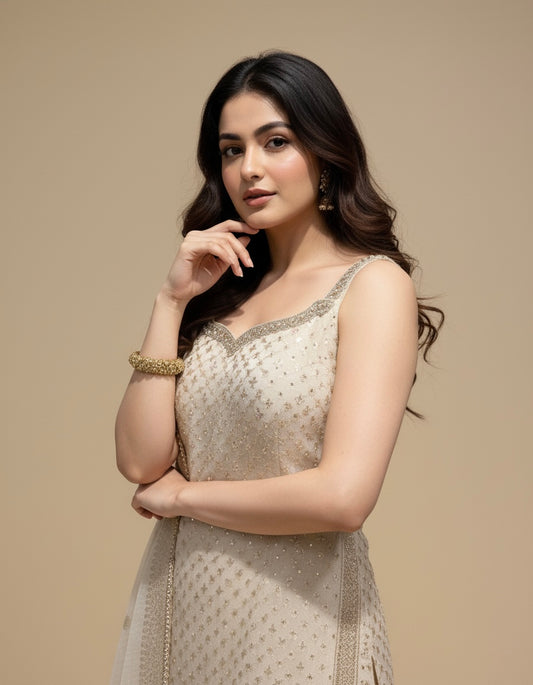 IVORY TISSUE KURTA WITH ZARI & SEQUINS EMBELLISHMENTS PAIRED WITH PALAZZO PANTS