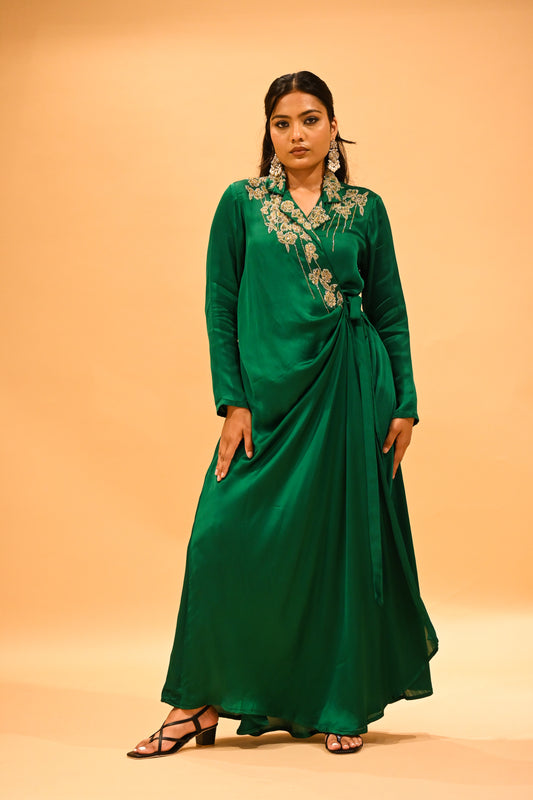 EMERALD GREEN SATIN DRESS WITH ZARDOZI EMBROIDERY