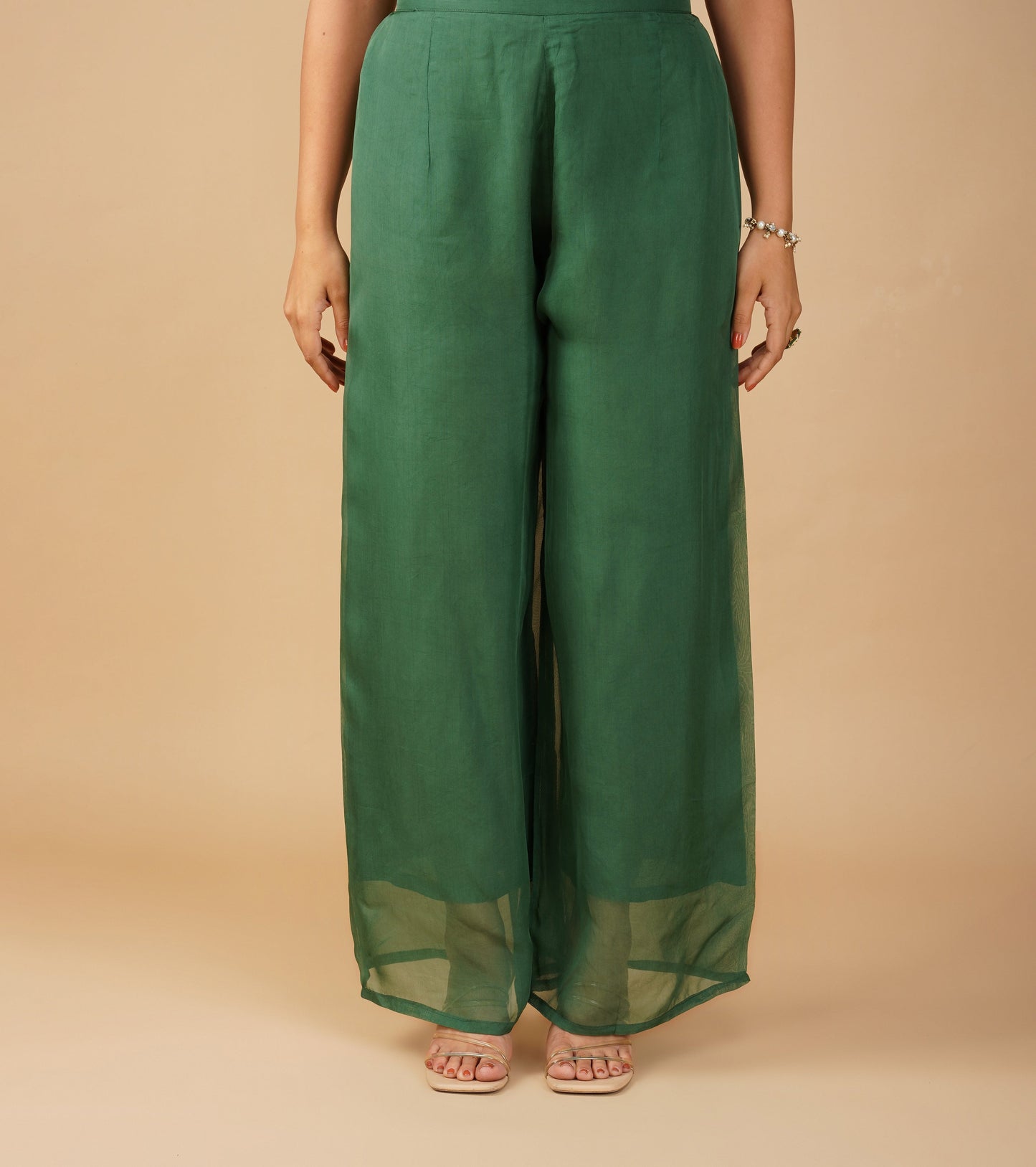 ( DELIVERY TIME 20 DAYS ) SEQUIN-EMBROIDERED BOTTLE GREEN ORGANZA STRAIGHT-CUT SUIT WITH PALAZZO & DUPATTA