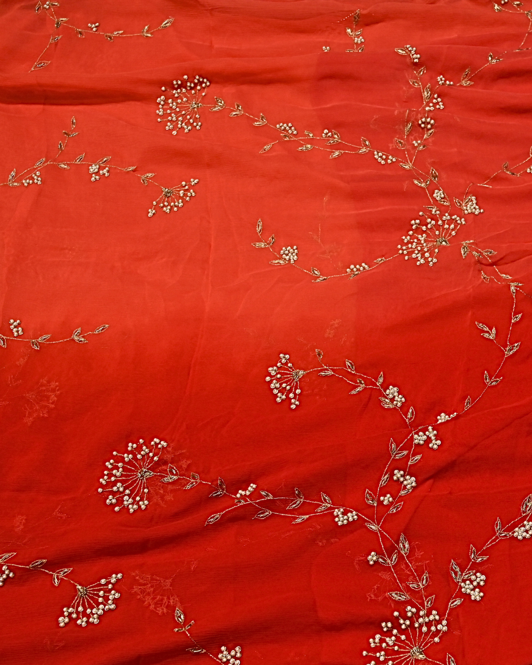 SHADED RED COLOUR PURE CHIFFON SAREE WITH ZARDOZI AARI & PEARL EMBROIDERY
