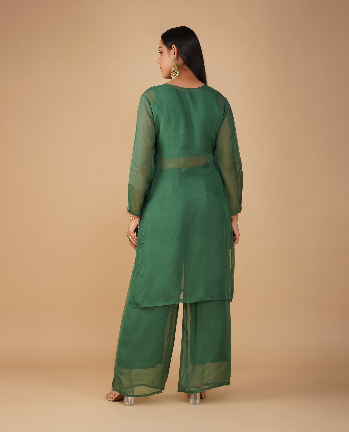 ( DELIVERY TIME 20 DAYS ) SEQUIN-EMBROIDERED BOTTLE GREEN ORGANZA STRAIGHT-CUT SUIT WITH PALAZZO & DUPATTA