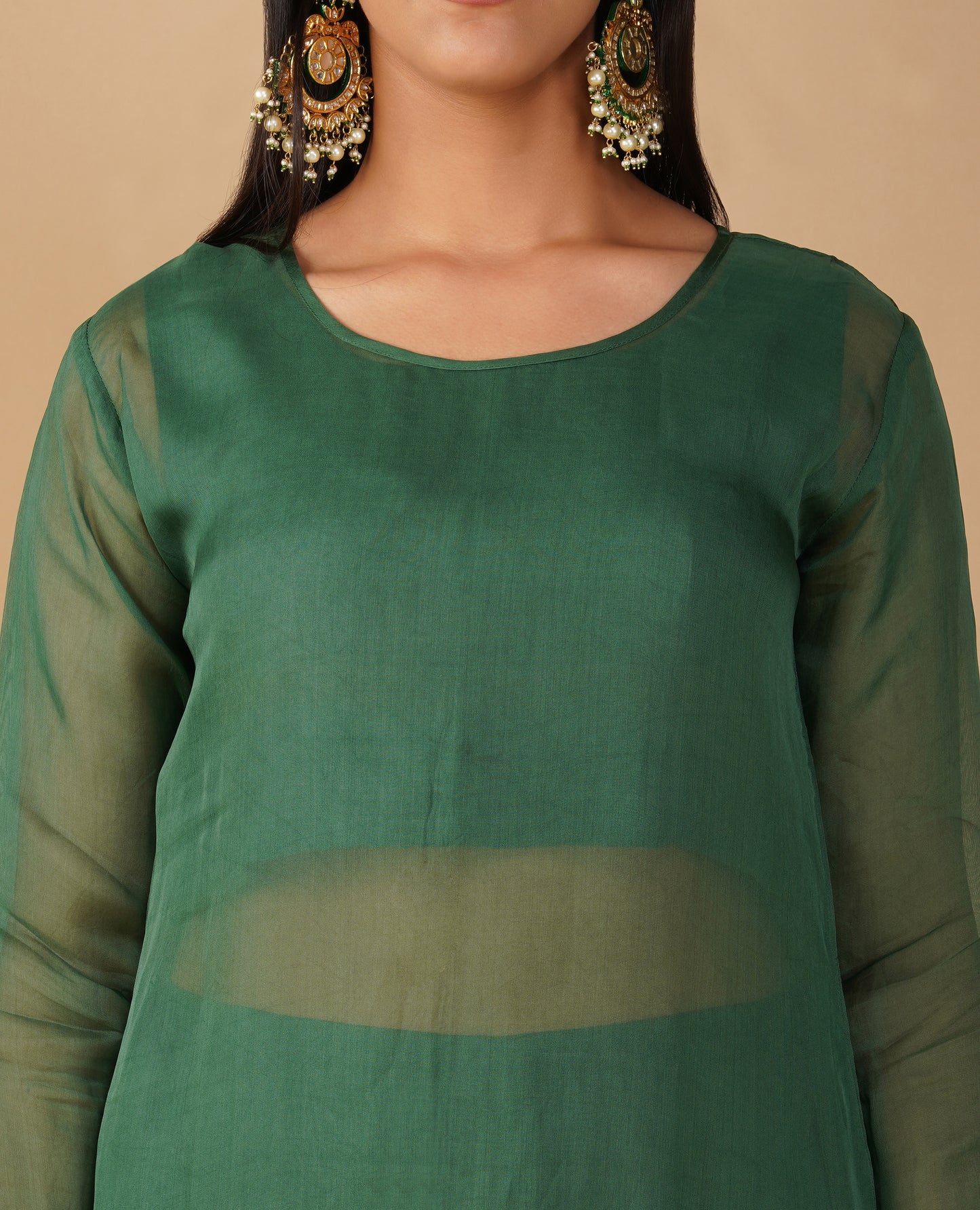 ( DELIVERY TIME 20 DAYS ) SEQUIN-EMBROIDERED BOTTLE GREEN ORGANZA STRAIGHT-CUT SUIT WITH PALAZZO & DUPATTA