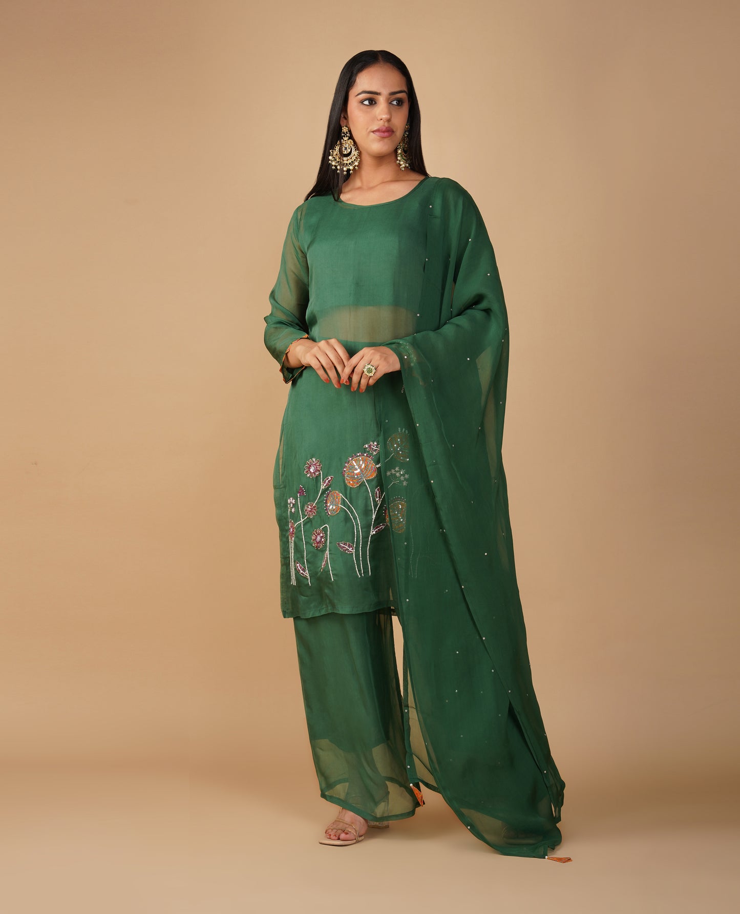 ( DELIVERY TIME 20 DAYS ) SEQUIN-EMBROIDERED BOTTLE GREEN ORGANZA STRAIGHT-CUT SUIT WITH PALAZZO & DUPATTA