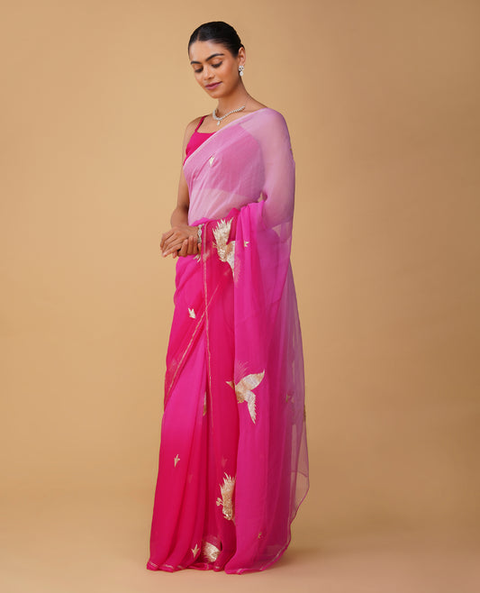 SHADED CHIFFON SAREE WITH AARI WORK BIRD MOTIFS