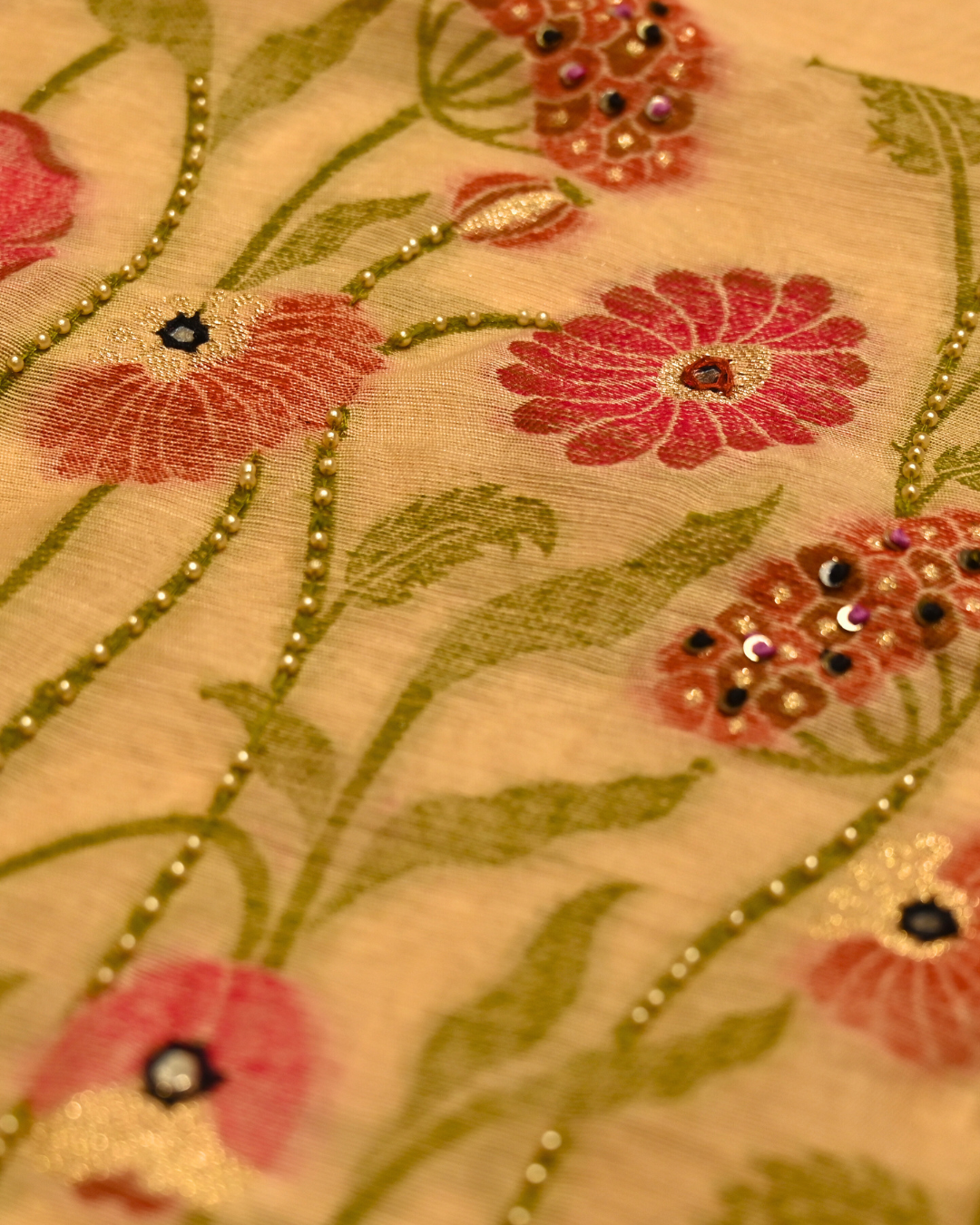 PEACH BLOSSOM RESHAM WEAVE MUNGA SILK UNSTITCHED SUIT WITH BEADS, GLASS TUBES & SEQUINS EMBROIDERY