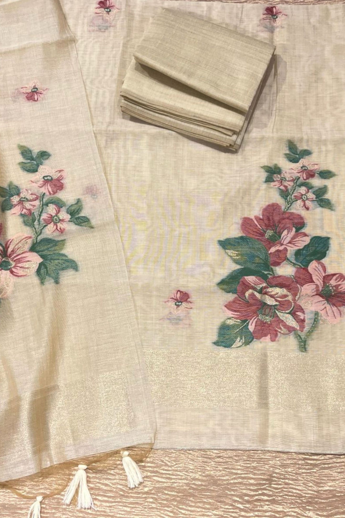BEIGE & ROSE PINK FLORAL TANT DHAKAI JAMDANI UNSTITCHED SUIT SET (3-piece)