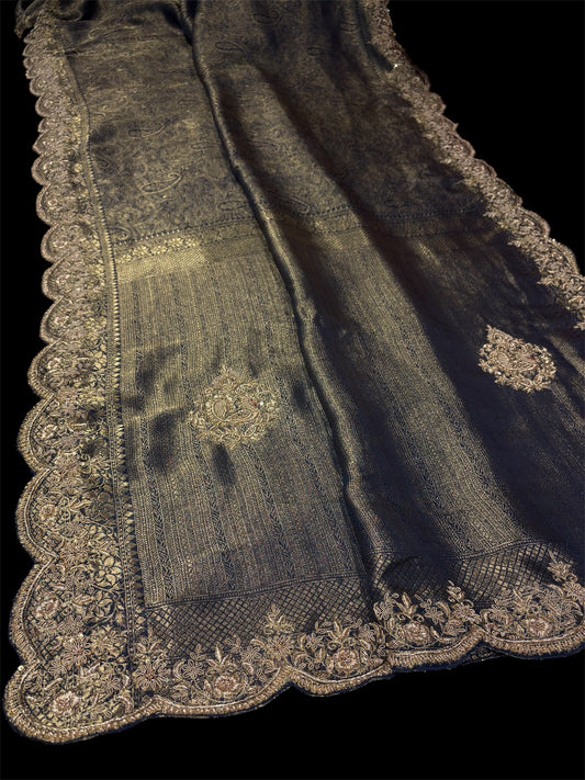 NAVY BLUE MYSORE GEORGETTE JACQUARD TISSUE SAREE WITH ZARDOZI EMBROIDERY