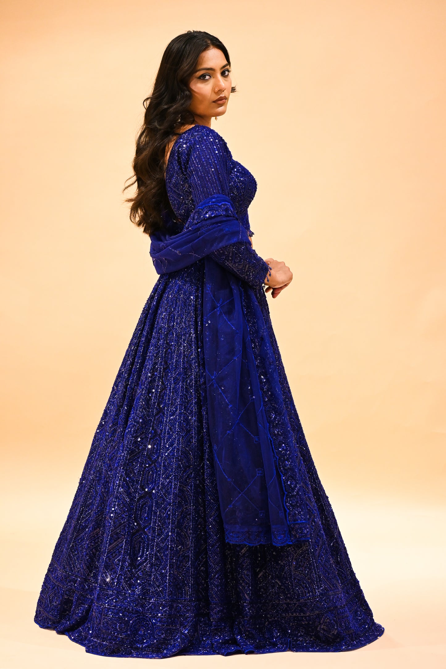 ROYAL BLUE SEQUINS EMBROIDERED LEHENGA WITH CROP TOP & NET DUPATTA