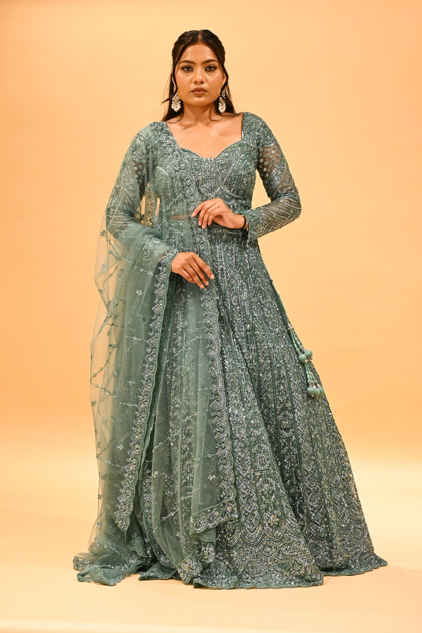 TEAL GREEN SEQUIN EMBROIDERED READY-TO-WEAR LEHENGA WITH CROP TOP & DUPATTA