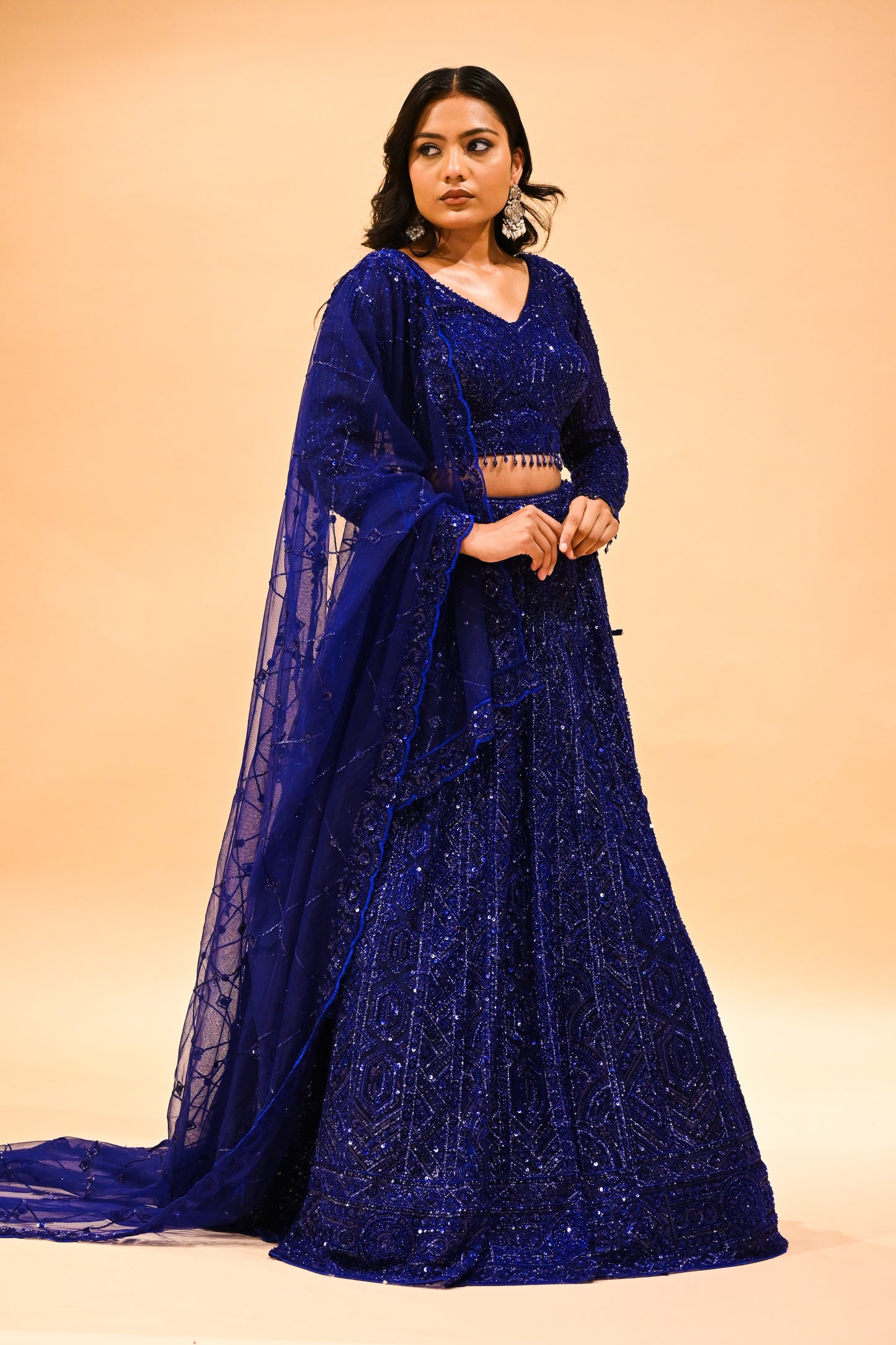 ROYAL BLUE SEQUINS EMBROIDERED LEHENGA WITH CROP TOP & NET DUPATTA