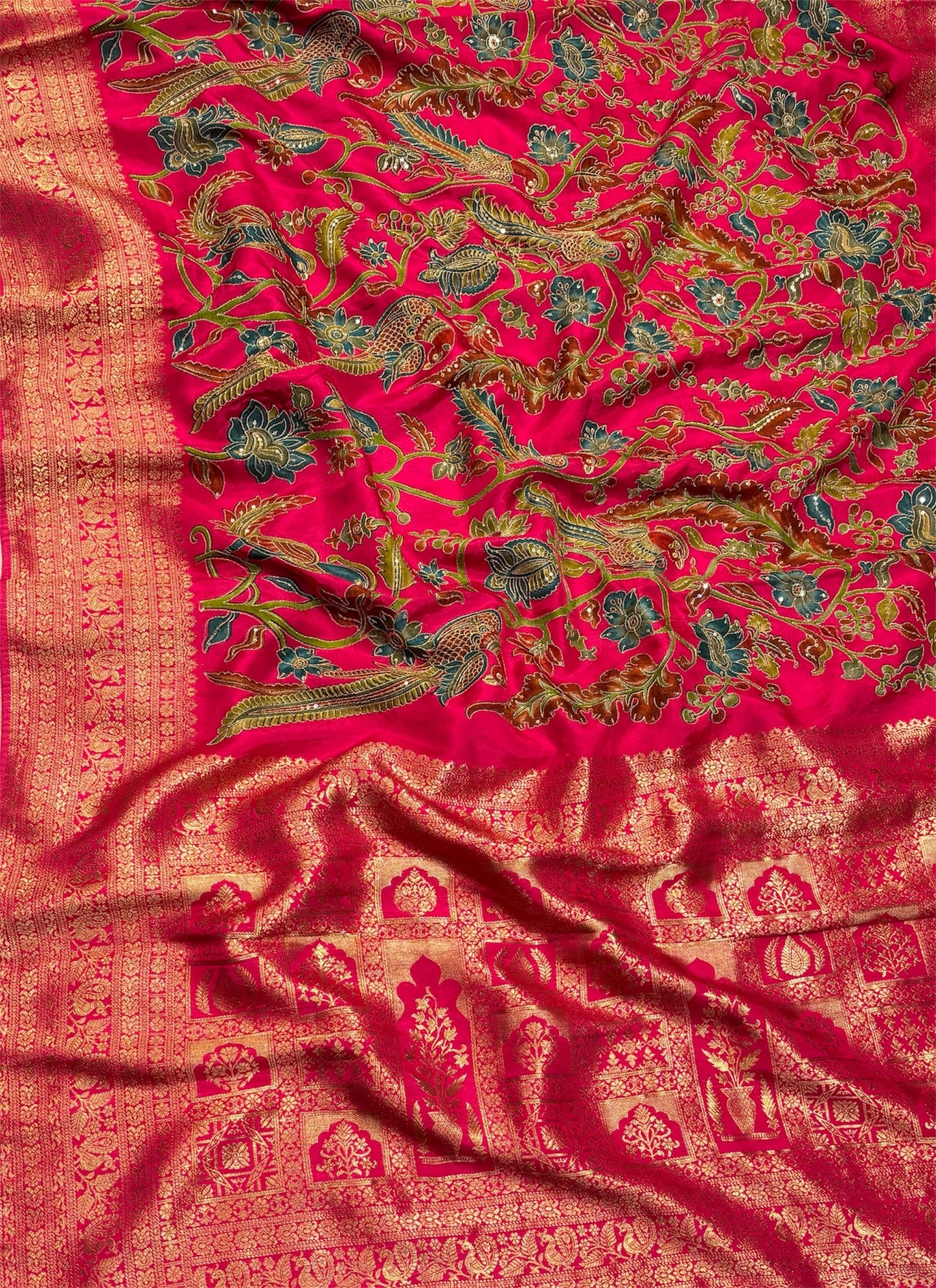 RANI COLOUR KALAMKARI SILK SAREE WITH EMBROIDERY AND WOVEN ZARI BORDER & PALLA