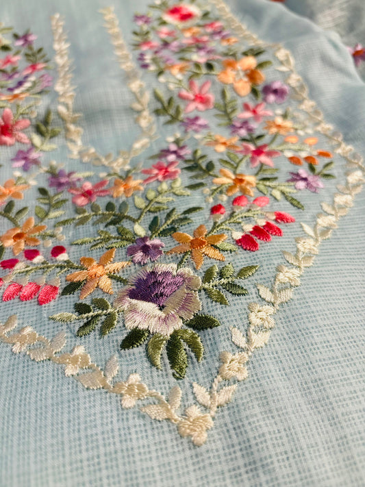 POWDER BLUE COLOUR KOTA DORIA UNSTITCHED SUIT WITH PARSI EMBROIDERY