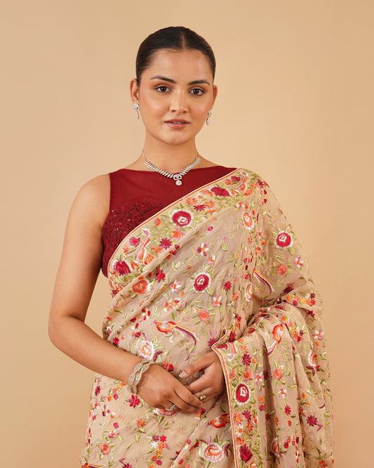 BEIGE COLOUR PARSI (GARA) EMBROIDERED GEORGETTE SAREE