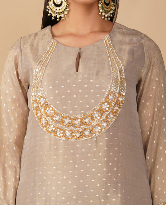 GREY TISSUE READYMADE SUIT WITH ZARI WEAVE, HAND EMBROIDERY, PANTS & CONTRAST DUPATTA (DELIVERY TIME 20 DAYS)