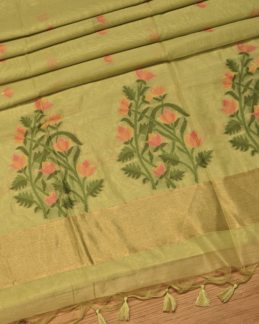 PISTACHIO GREEN COLOUR JAMDANI DHAKAI COTTON SAREE WITH ZARI BORDER