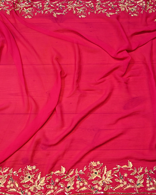 (DELIVERY IN 30 DAYS) FUCHSIA COLOUR SRAEE WITH EXQUISITE AARI, ZARDOZI & SEQUINS EMBROIDERY
