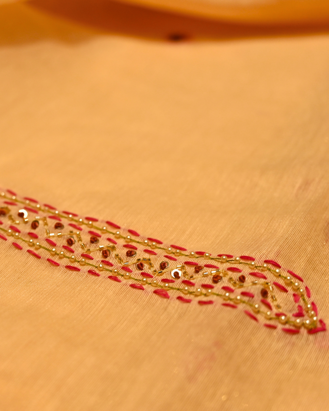 PEACH BLOSSOM RESHAM WEAVE MUNGA SILK UNSTITCHED SUIT WITH BEADS, GLASS TUBES & SEQUINS EMBROIDERY