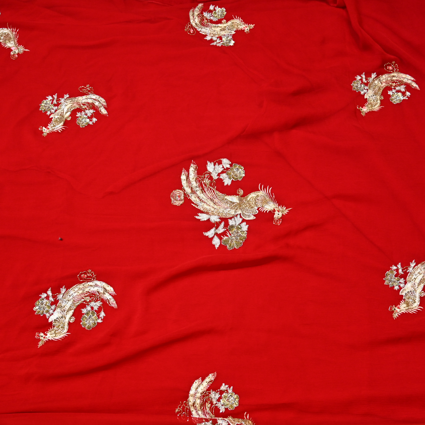 RED COLOUR PURE PLATINUM CHIFFON SAREE WITH AARI EMBROIDERED BIRD MOTIFS