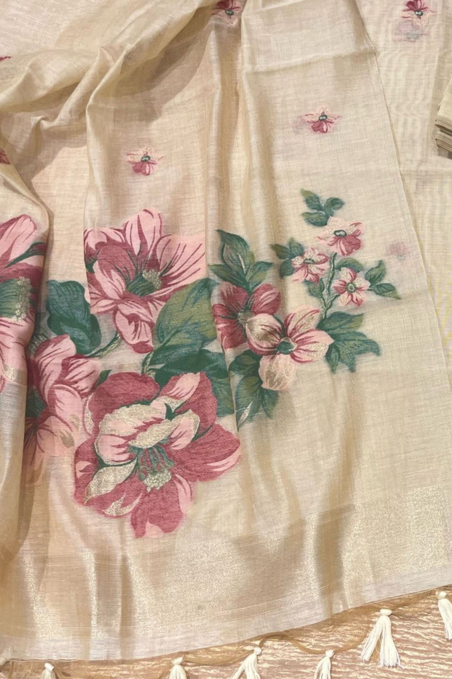 BEIGE & ROSE PINK FLORAL TANT DHAKAI JAMDANI UNSTITCHED SUIT SET (3-piece)