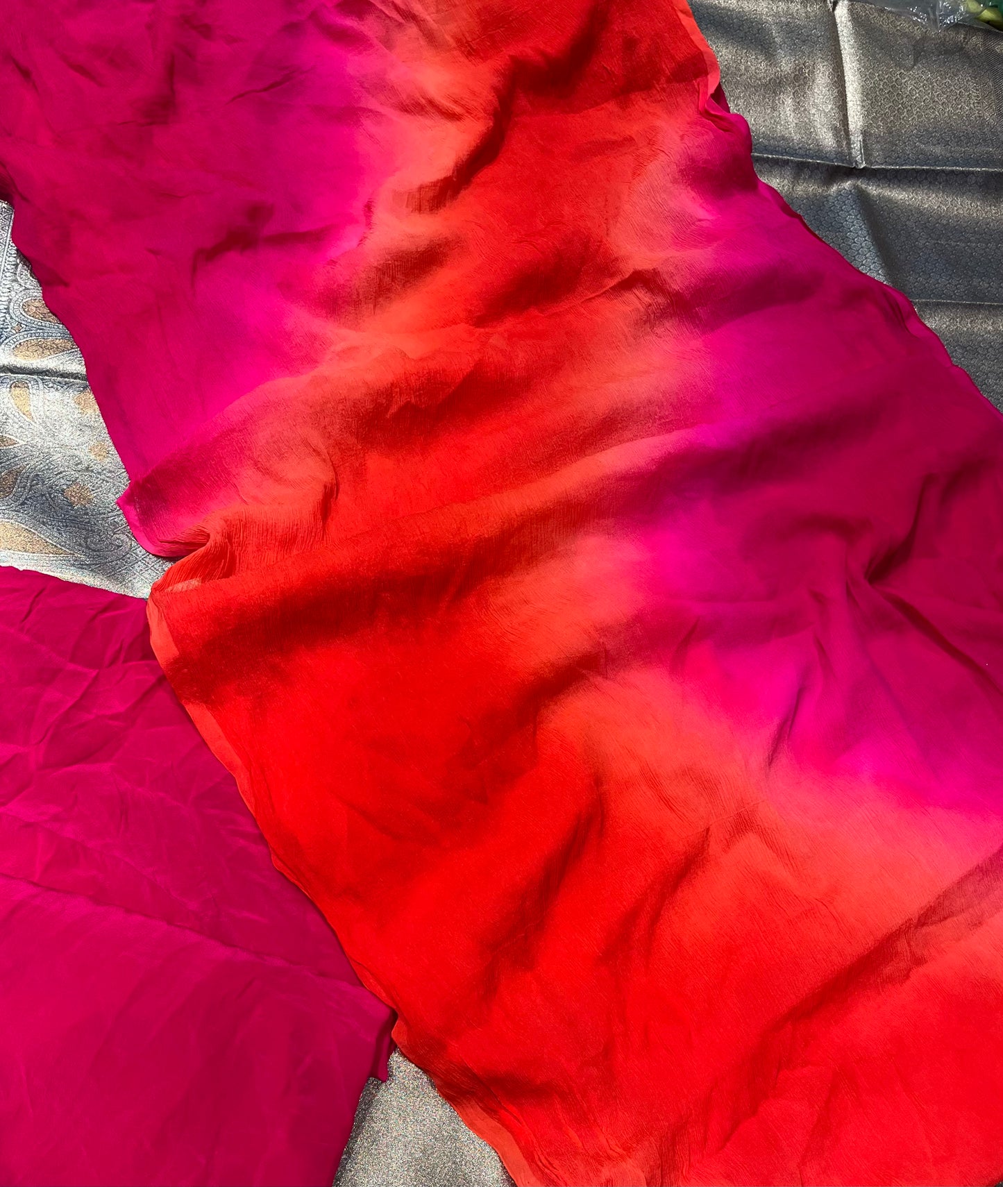 RED AND PINK PURE CHIFFON SHADED SAREE