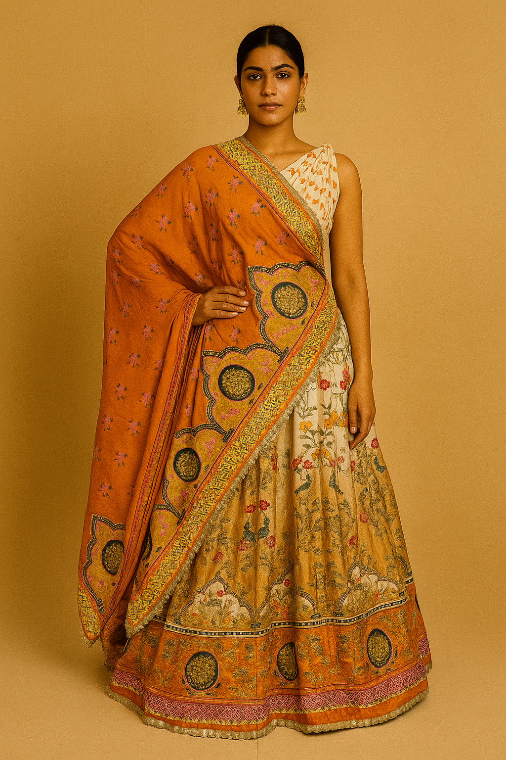 PRINTED SILK LEHENGA HIGHLIGHTED WITH PIPE WORK