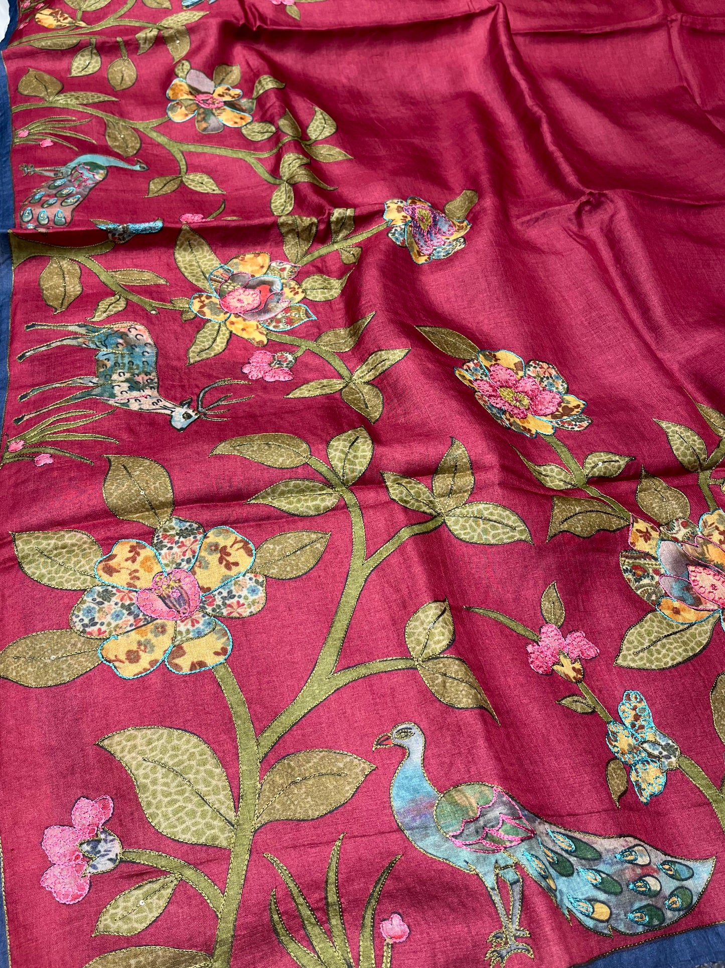 RASPBERRY WINE COLOUR PURE TUSSAR SILK EMBROIDERED SAREE