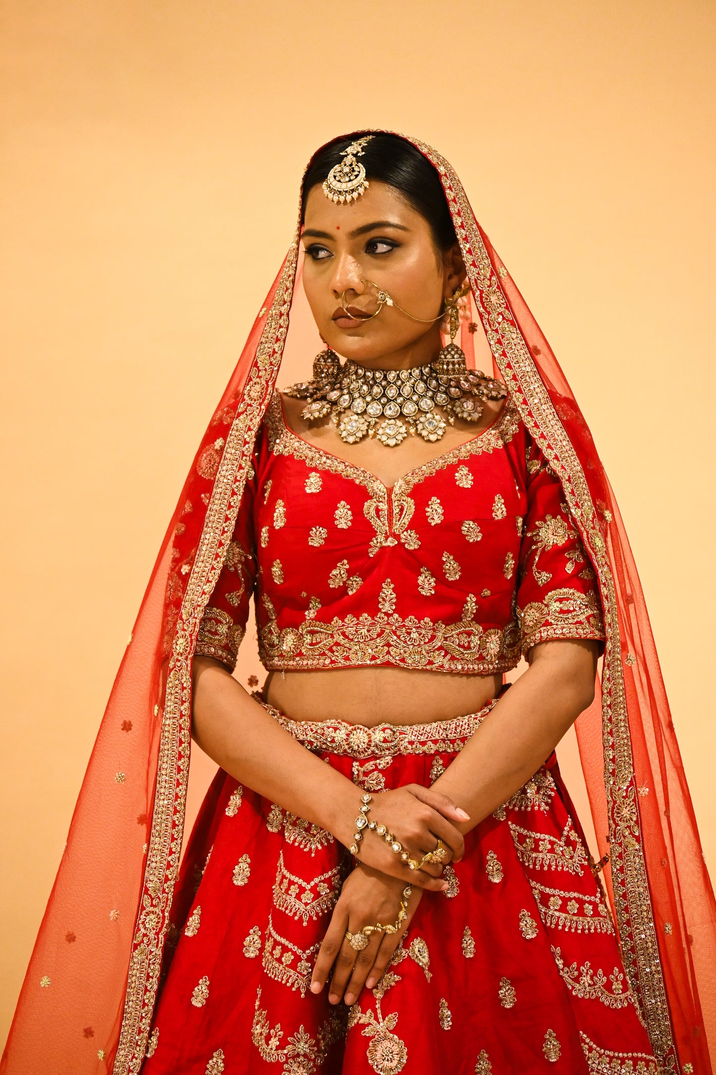RED BRIDAL WEDDING LEHENGA WITH THREE-PANEL DESIGN, 6-METER FLAIR, DOUBLE DUPATTA, POTLI & EMBROIDERED TASSELS