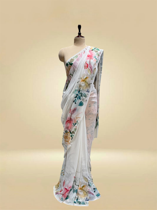 WHITE PURE GEORGETTE FLORAL PRINTED SAREE (DELIVERY IN 20 DAYS)