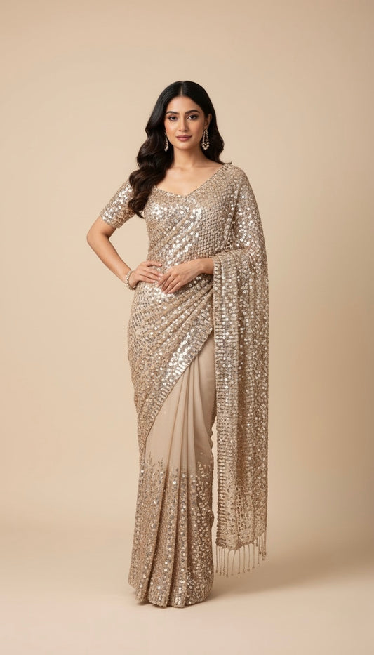 ROSE GOLD COLOUR SEQUINS NET SAREE WITH READYMADE BLOUSE