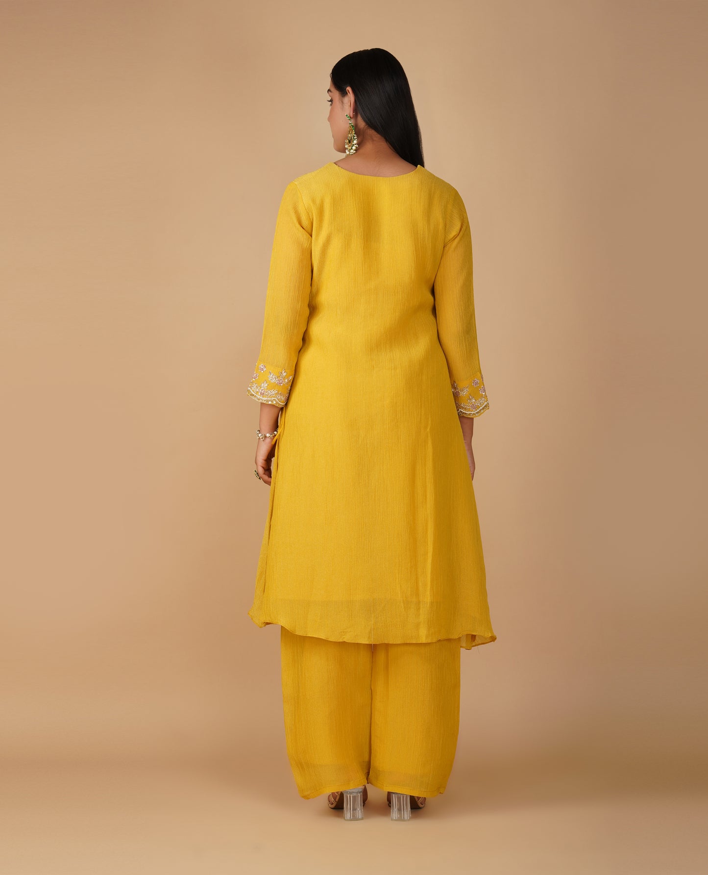 (DELIVERY TIME 20 DAYS) YELLOW TISSUE READYMADE SUIT WITH ZARI FLORAL EMBROIDERY PAIRED WITH PANTS & DUPATTA