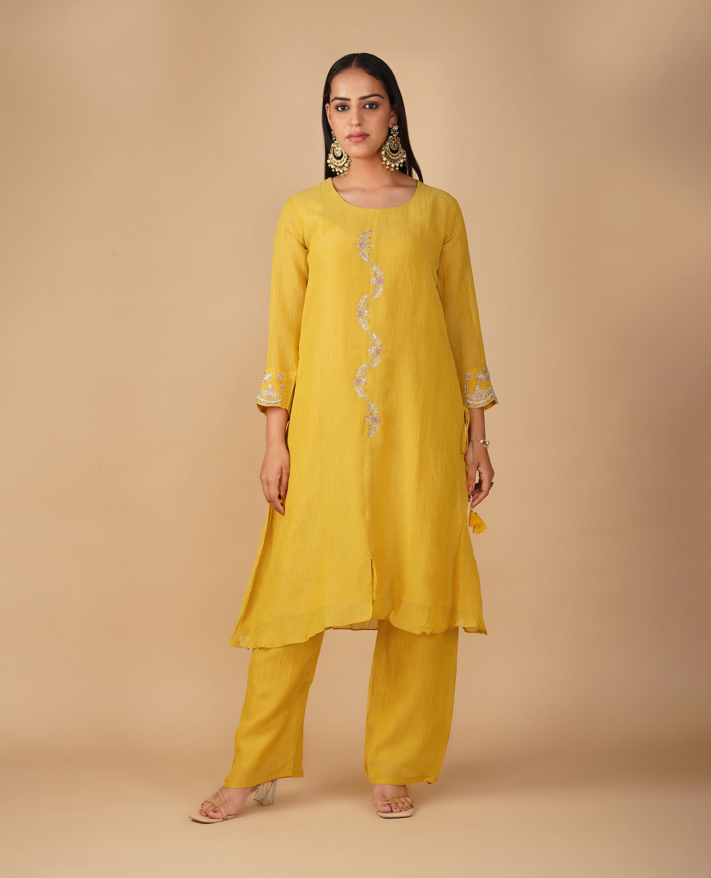 (DELIVERY TIME 20 DAYS) YELLOW TISSUE READYMADE SUIT WITH ZARI FLORAL EMBROIDERY PAIRED WITH PANTS & DUPATTA