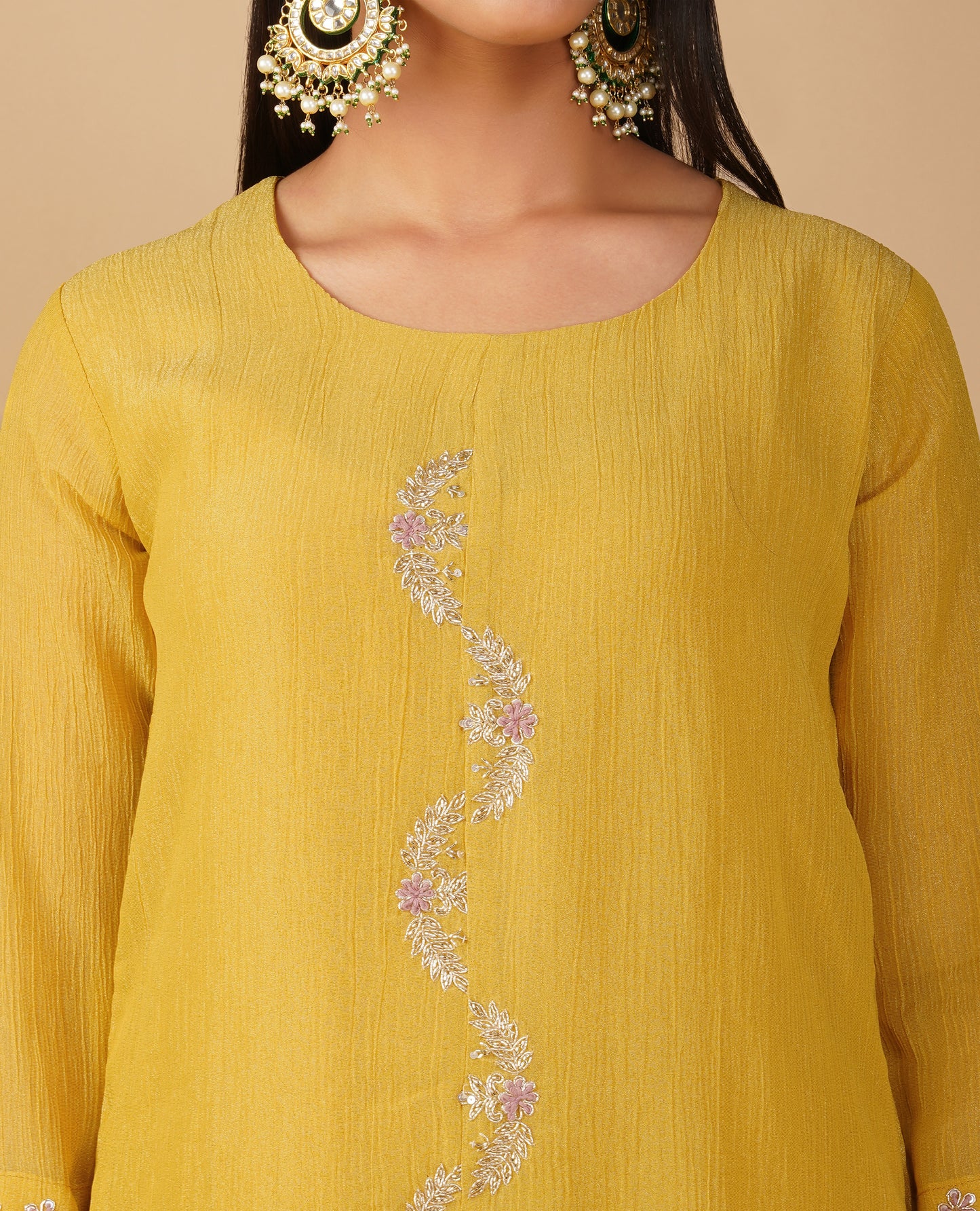 (DELIVERY TIME 20 DAYS) YELLOW TISSUE READYMADE SUIT WITH ZARI FLORAL EMBROIDERY PAIRED WITH PANTS & DUPATTA