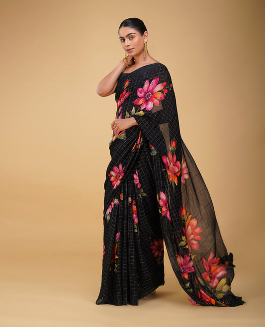BLACK CHINON PRINTED SAREE WITH GOLDEN ZARI CHECKS & PLAIN BLACK CREPE BLOUSE
