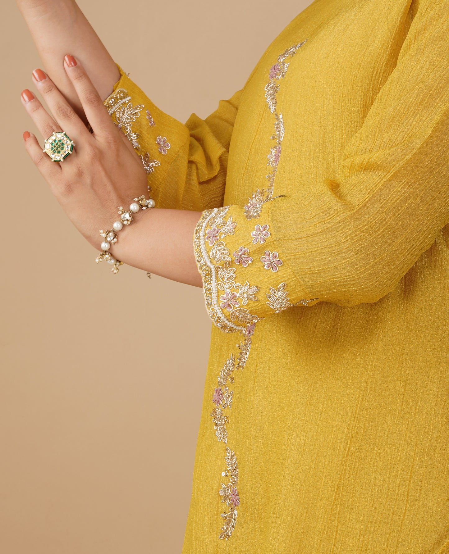 (DELIVERY TIME 20 DAYS) YELLOW TISSUE READYMADE SUIT WITH ZARI FLORAL EMBROIDERY PAIRED WITH PANTS & DUPATTA