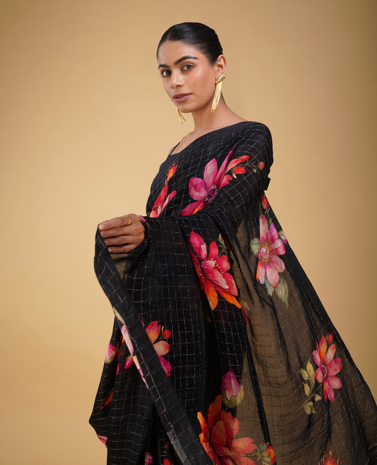 BLACK CHINON PRINTED SAREE WITH GOLDEN ZARI CHECKS & PLAIN BLACK CREPE BLOUSE