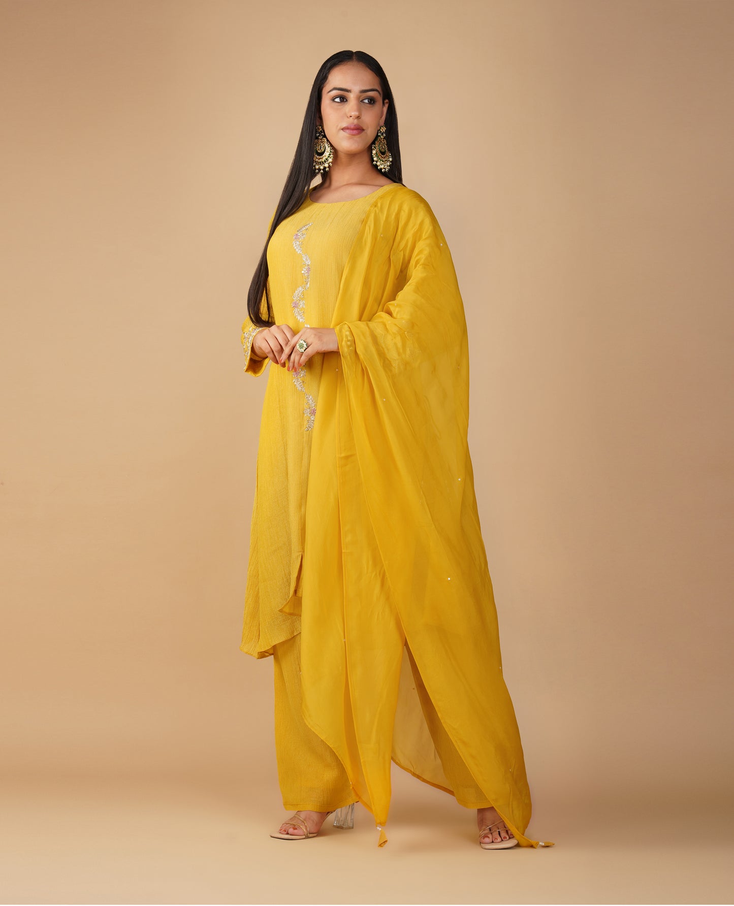 (DELIVERY TIME 20 DAYS) YELLOW TISSUE READYMADE SUIT WITH ZARI FLORAL EMBROIDERY PAIRED WITH PANTS & DUPATTA