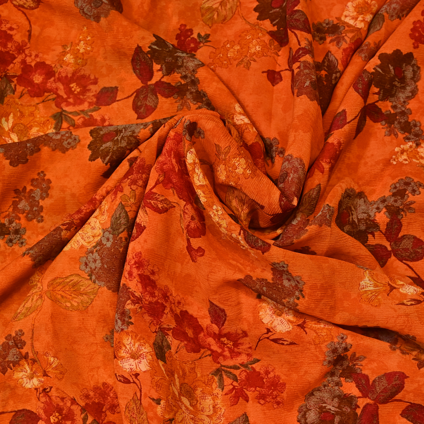 BURNT ORANGE FLORAL PRINTED CHIFFON SAREE