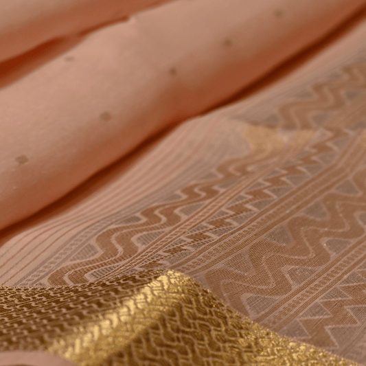 SOFT PEACH COLOUR MAHESHWARI MUNGA COTTON SAREE WITH GOLDEN ZARI BORDER PALLA
