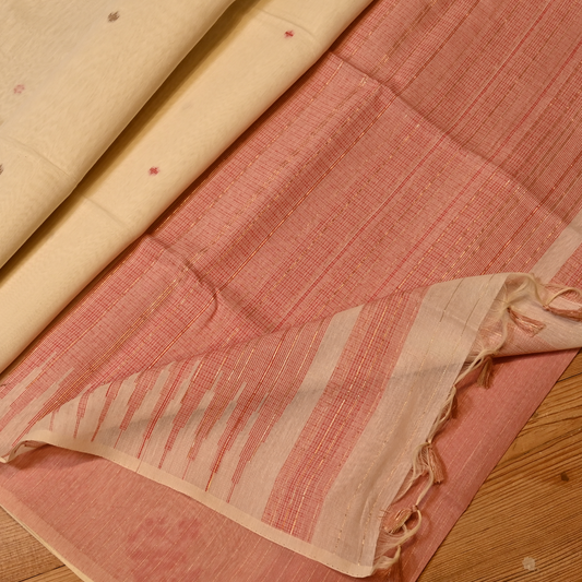 IVORY JAMDANI DHAKAI COTTON SAREE WITH PEACH BORDER PALLA