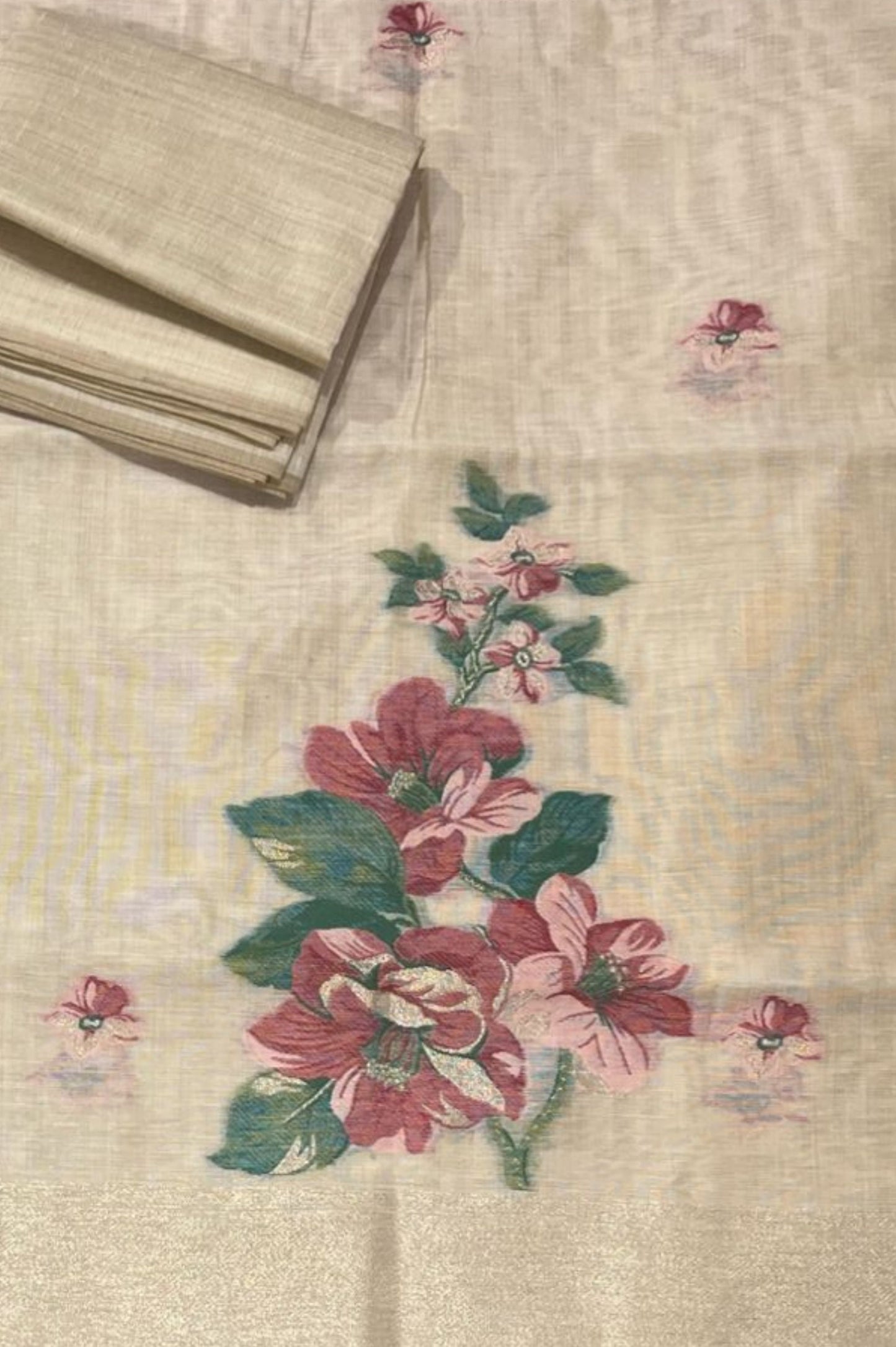 BEIGE & ROSE PINK FLORAL TANT DHAKAI JAMDANI UNSTITCHED SUIT SET (3-piece)